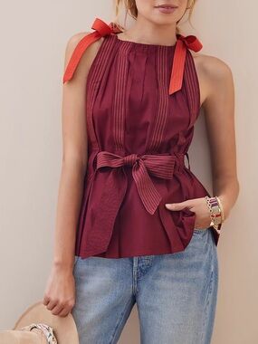 Anthropology Pleated Tie-Strap Tank Bow-Tie Shoulder Maroon Peplum Top